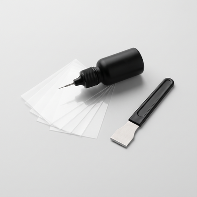 Oaklora GlassFix windshield repair kit: resin applicator, curing films and razor blade