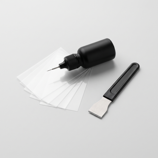 Oaklora GlassFix windshield repair kit: resin applicator, curing films and razor blade